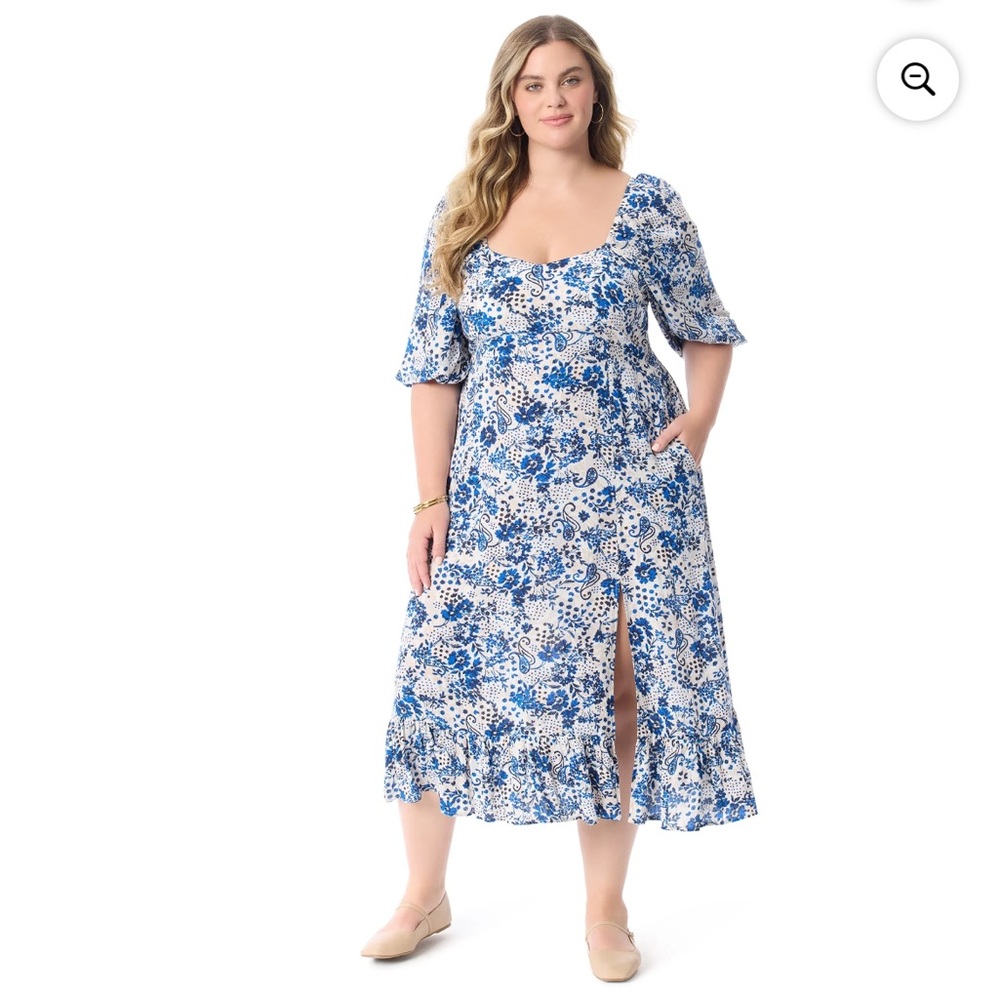 Jessica Simpson Puff Sleeves Floral Paisley Smocked Blue White Midi Dress 3X